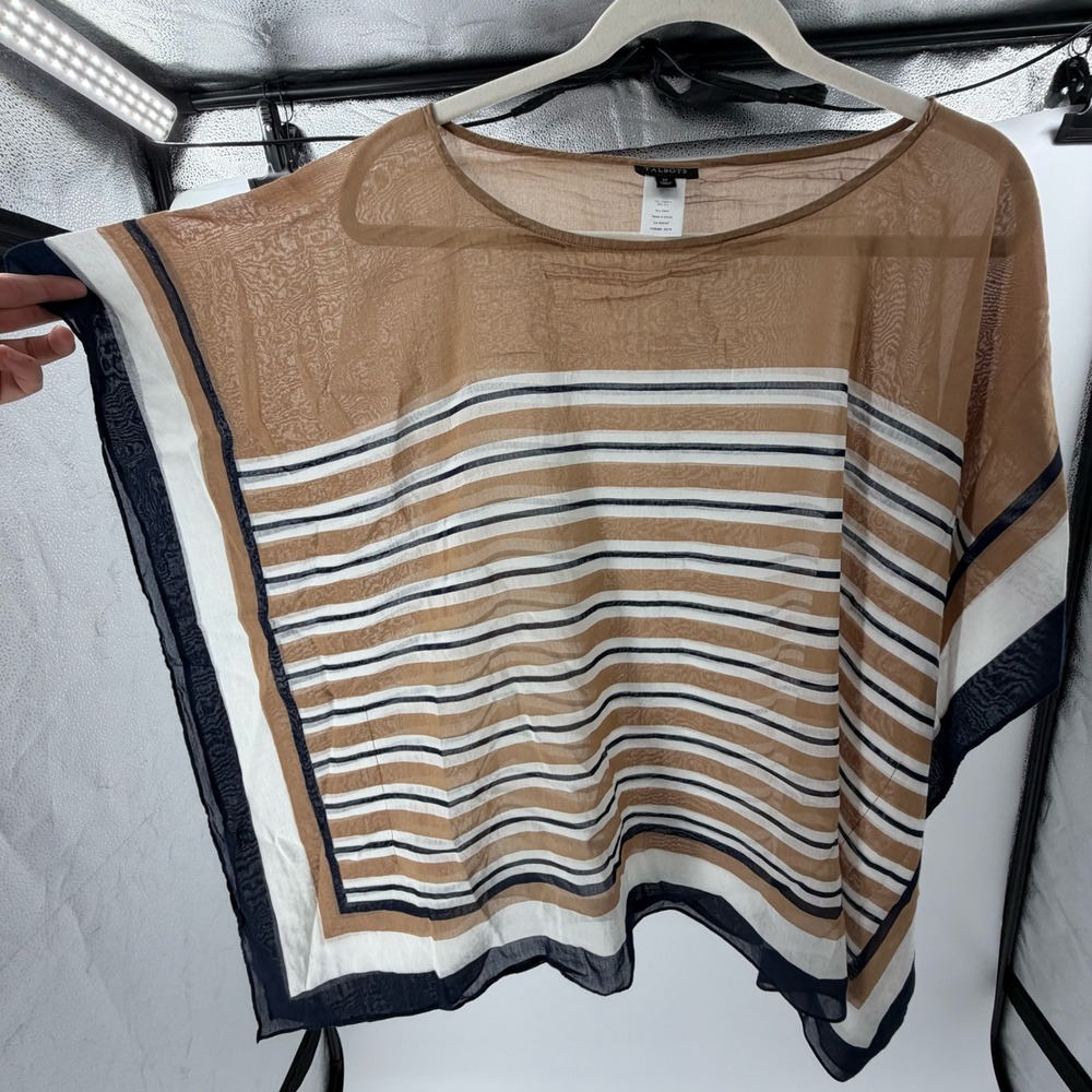 Talbots Sheer Striped Poncho Top Tan Navy Blue White Gauze One Size OS - Picture 3 of 5